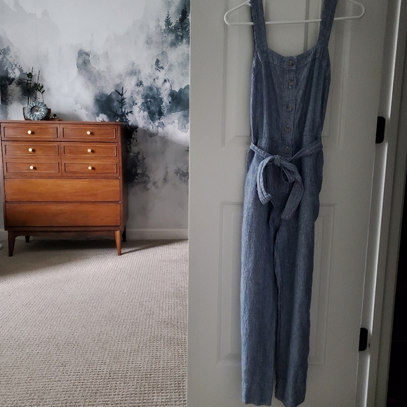 Everlane The Linen Picnic Jumpsuit (with belt),  White/Blue Pinstripe (2) - Picture 3 of 14